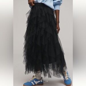 Anthropologie Cheri Ruffle Tulle Midi Skirt Elastic Waist In black Size Medium